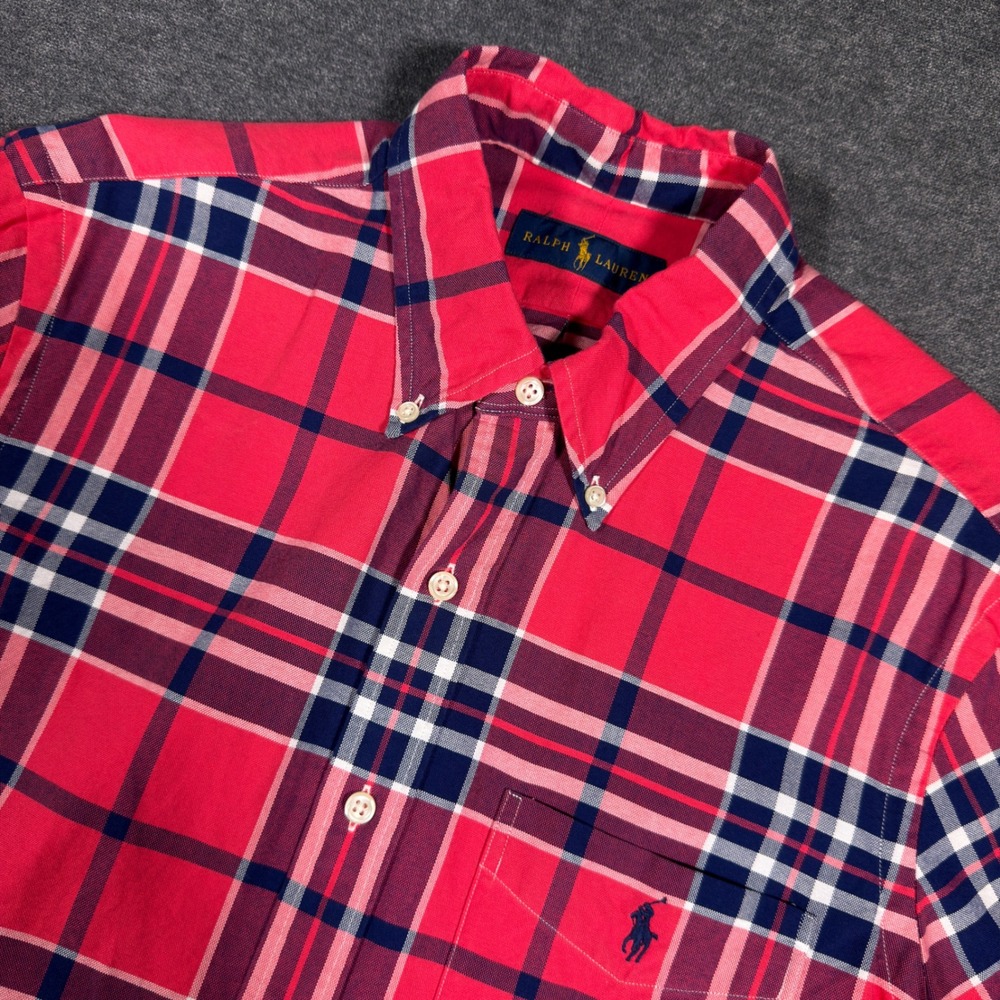 Ralph Lauren Button Down Shirt Mens Medium Red Plaid Short Sleeve‎ Oxford Preppy